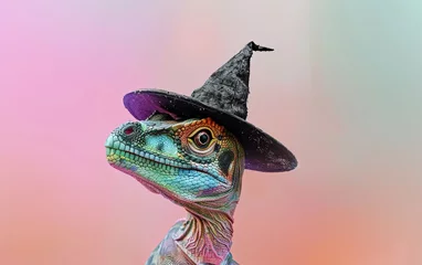 Papier Peint photo Dinosaures Dinosaur t-rex wearing a witch hat on bright pastel background. Halloween-birthday party. invite. copy space.