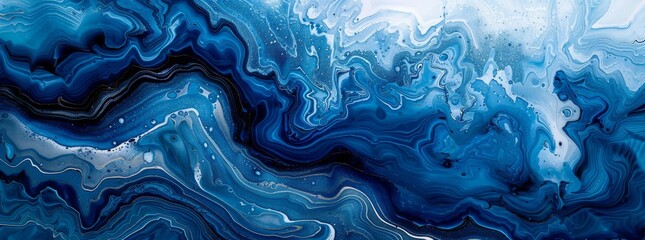 Dynamic blue liquid paint waves with splashes on a white background, creating a fluid and rhythmic abstract pattern. - obrazy, fototapety, plakaty