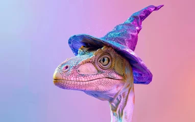 Photo sur Plexiglas Dinosaures Dinosaur t-rex wearing a witch hat on bright pastel background. Halloween-birthday party. invite. copy space.