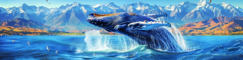 Humpback Whale Leaping from Glacial Waters with Snowy Mountains and Autumn Foliage in the Background