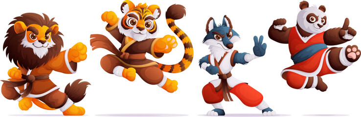 Set of four kung fu master characters. A lion, a tiger, a wolf and a panda in a kimono are practicing kung fu. Dynamic poses, colorful detailed Cartoon .