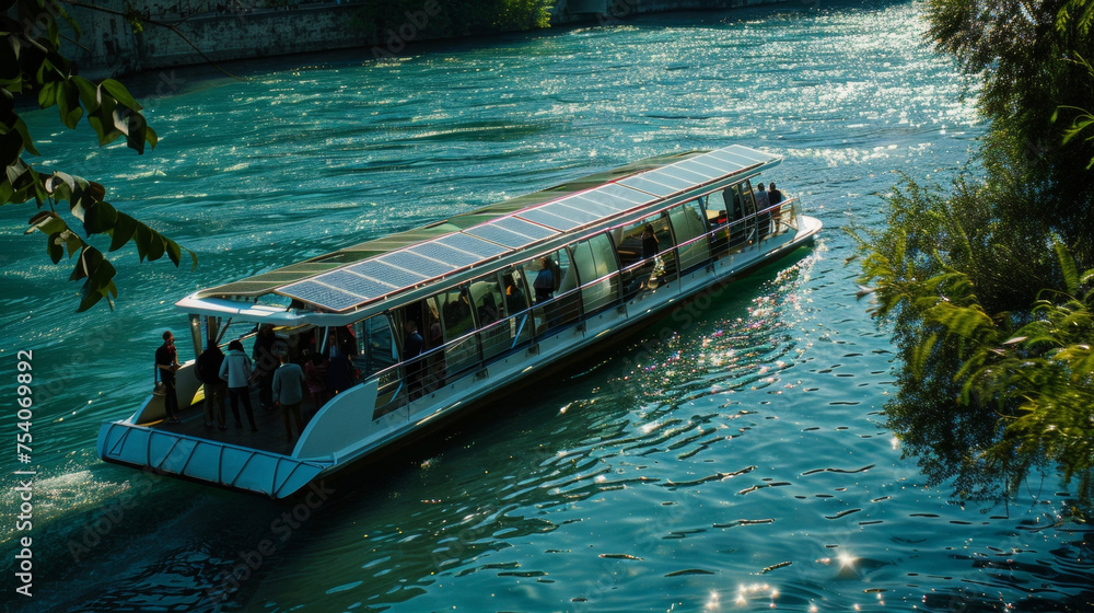 Poster a group of commuters lining up to board an electric ferry floating peacefully on a sparkling river. 