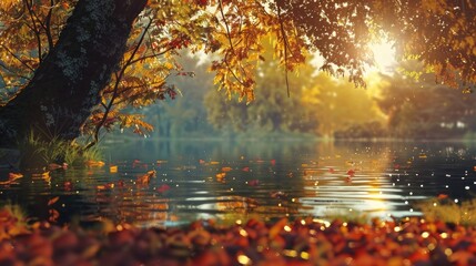 Late afternoon at a lakeside, where the low angle of the sun illuminates the autumn leaves - Powered by Adobe