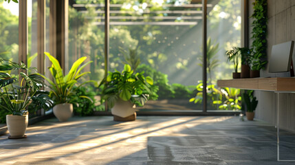 flower bed in the garden, flowers in the garden, Soft focus on an empty, contemporary office area with expansive windows promoting a connection to nature  - obrazy, fototapety, plakaty