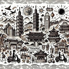 playful doodle drawing of Taiwan, highlighting its iconic landmarks and vibrant street life with a whimsical touch