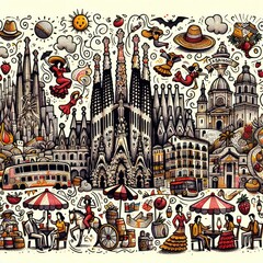playful doodle drawing of Spain, highlighting its iconic landmarks and vibrant street life with a whimsical touch