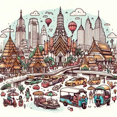 playful doodle drawing of Thailand, highlighting its iconic landmarks and vibrant street life with a whimsical touch