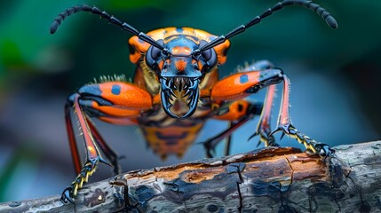 Vivid Orange and Black Tiger Beetle Perched on Jagged Branch, To provide a high-quality, visually stimulating stock photo of a unique insect species - obrazy, fototapety, plakaty