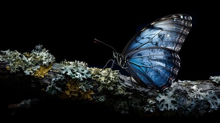 Blue Morpho Butterfly on Lichen-Covered Branch Against a Black Background, To provide a captivating...