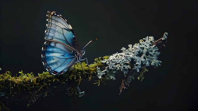 Blue Morpho Butterfly Perched on Mossy Branch against Dramatic Black Background, To provide a captivating and high-quality image of a blue morpho