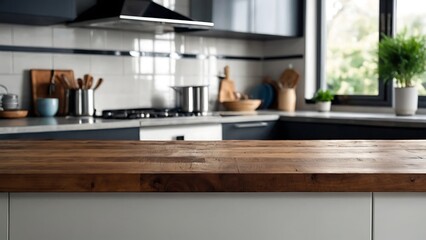 Empty wooden table top and blur bokeh modern kitchen interior background in clean and bright, studio warm light