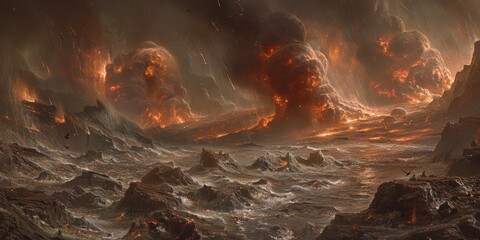 Surreal Landscape of Stormy Seas with Molten Lava Eruptions and Fiery Cloud Formations
