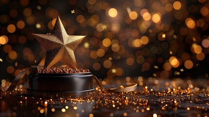 Trophy gold star on podium with ribbon elements and glitter light effects decorations and bokeh.  - obrazy, fototapety, plakaty