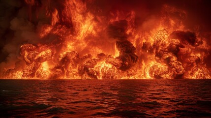 Oceanic Firestorm: Visceral Seascape with Flames Engulfing the Waters