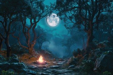 Obraz na płótnie Canvas Enchanted forest scene with a magical bonfire glowing softly under the moonlight, surrounded by ancient trees. 8k