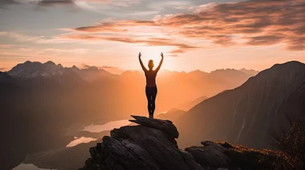 Keuken spatwand met foto A silhouette of a Woman standing with her arms raised, practicing Yoga in the Mountains at Sunset. Sports, Travel, Summer, Training, Meditation, Healthy Lifestyle concepts. © liliyabatyrova