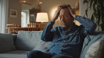 Obraz premium Old Middle age bald man sitting on a couch in a living room having a headache and middle life crisis