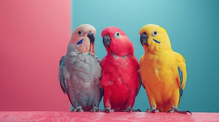 Brightly colored budgies stand out and have beautiful and cute poses. It is on a light and minimal background.