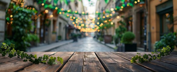 Rustic wooden surface with scattered clover leaves, set against a vibrant city street adorned with festive lights and greenery - obrazy, fototapety, plakaty
