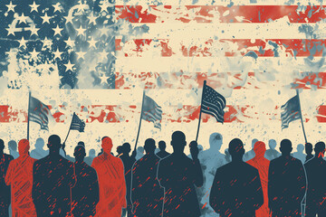 block print illustration of people marching with US flag