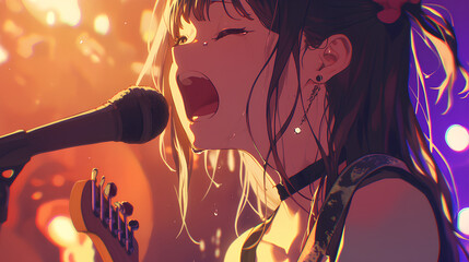 close up of anime girl idol singing - obrazy, fototapety, plakaty