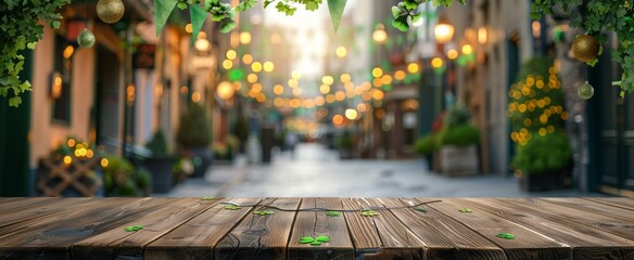 Rustic wooden table with a lively blurred street scene in the background, highlighted by festive string lights and verdant foliage - obrazy, fototapety, plakaty