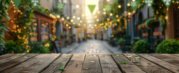 Foto op Plexiglas Rustic wooden table with a lively blurred street scene in the background, highlighted by festive string lights and verdant foliage © DailyStock
