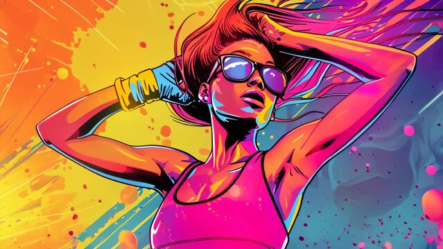 Pop art style energetic woman engaging in various outdoor fitness activities.