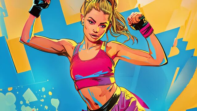 Pop art style energetic woman engaging in various outdoor fitness activities.