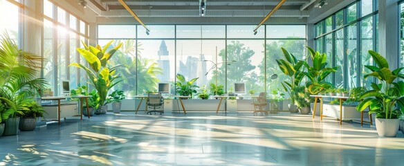 Spacious office with eco-friendly design, full of natural light and lush green plants, promoting a sustainable work environment. - obrazy, fototapety, plakaty
