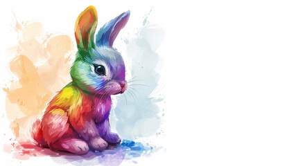 Rainbow Watercolor Bunny Rabbit Isolated on a White Background With Copy Space