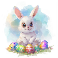 Animation Style Easter Bunny Rabbit Character Sitting Among Colorful Eggs