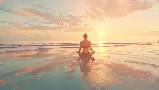 A Modern And Health Conscious Woman Practicing Yoga On A Serene Beach At Sunrise