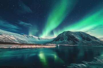 Vivid green and purple auroras illuminating the sky above a serene mountain landscape, blanketed in snow. 8k