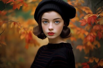 Wrapped in a soft, oversized cardigan and wearing a playful beret, the model's innocent gaze radiates warmth and sincerity against a backdrop of autumn leaves.