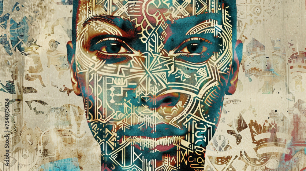 Poster a stencilstyle portrait of a person of color created with layers of intricate patterns and symbols t