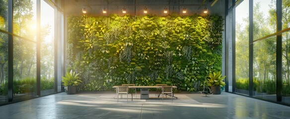 Modern office design featuring an impressive vertical garden wall, flooded with natural light and showcasing a sustainable work environment.