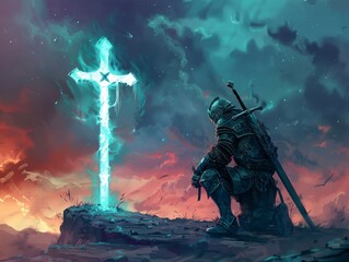 A knight kneeling before a Holy Cross in a fantastic multiverse where cosmic battles align with faith - obrazy, fototapety, plakaty