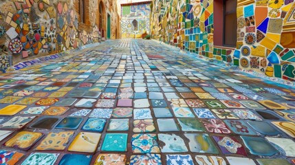 An expansive display of colorful mosaic tiles covering the ground and walls of a large plaza. - Powered by Adobe