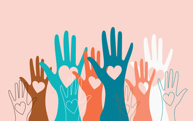 Volunteers, social workers, men and women hold hearts in their palms. Unity, cohesion of a multinational society. 