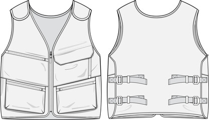 Technical Nylon Vest Vector Illustration - Front & Back View for Ski Equipment, Hiking, Helicopter Rescue, Tactical Use