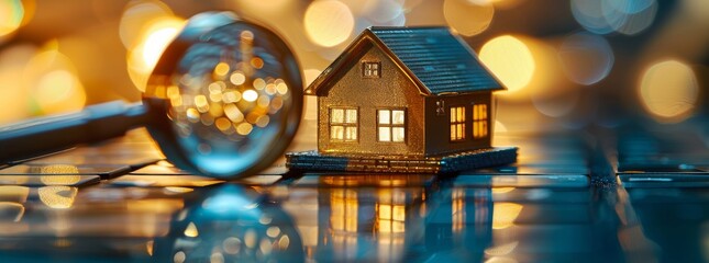 Close-up of a golden house model under a magnifying glass with a warm bokeh background, symbolizing real estate evaluation. - obrazy, fototapety, plakaty