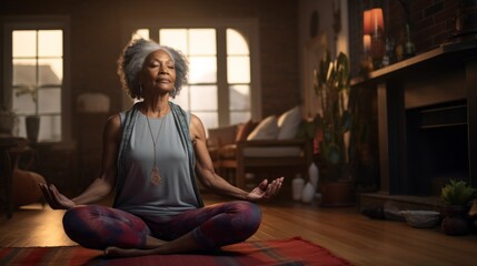Obraz na płótnie Canvas Black Senior woman practicing Yoga, Meditation at home. Sports, Workouts, Healthy lifestyle concepts.
