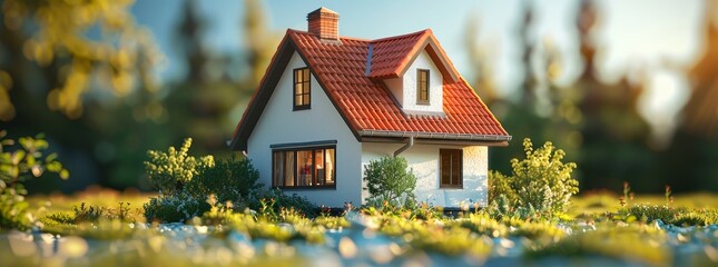 Idyllic 3D-rendered cottage with a red-tiled roof, nestled in a vibrant meadow during golden hour. - obrazy, fototapety, plakaty