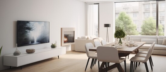 This image shows a contemporary living room with a dining table and chairs set up near a large window. The room features a modern white color scheme with a sofa and a television in the background.