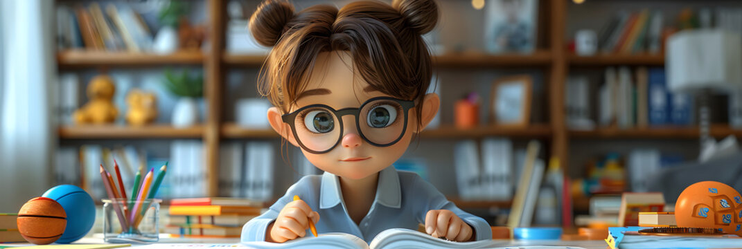 A 3D animated cartoon render of a young girl solving a math problem.