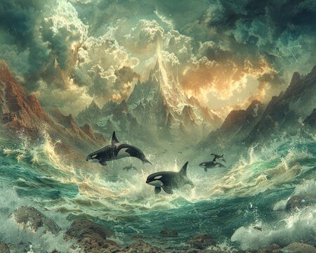 Fantasy Ocean Scene with Orcas Soaring among Turbulent Waves and Mountainous Terrain