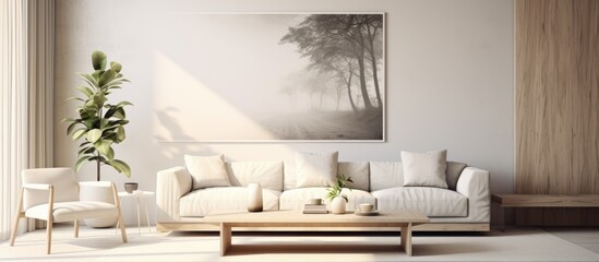 A large, modern living room with a luxurious white couch taking center stage. A sophisticated painting adorns the wall, adding a touch of elegance to the bright interior space.