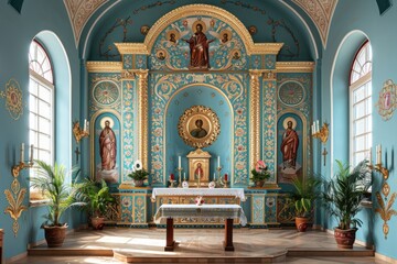 Sacred iconostasis with Easter patterns in a church church