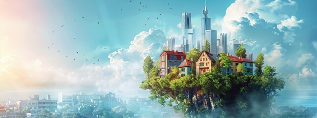 Surreal 3D concept art blending floating island homes with a backdrop of a modern city skyline under a majestic sky.